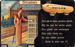 GROETEN UIT SMILDE NETHERLANDS ZEPPELIN AVIATION TRAIN MAIL POSTCARD (c. 1910)