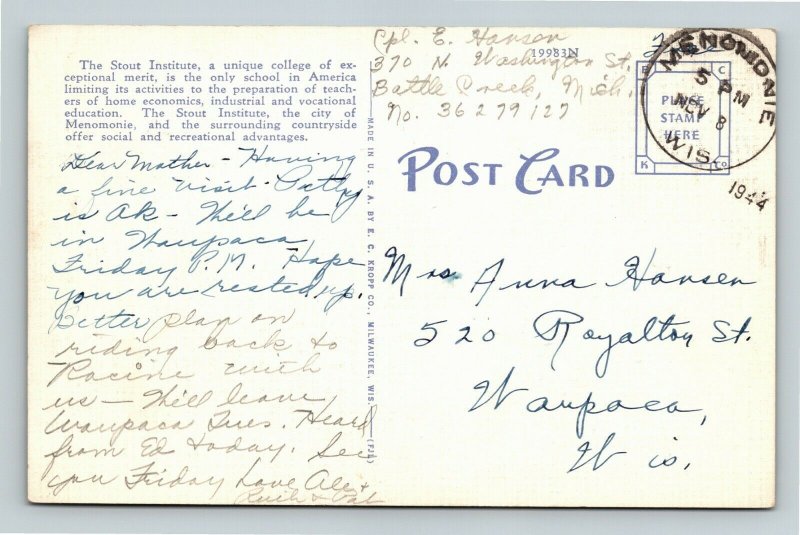 Menomonie, WI-Wisconsin, Stout Institute, Linen c1944 Postcard