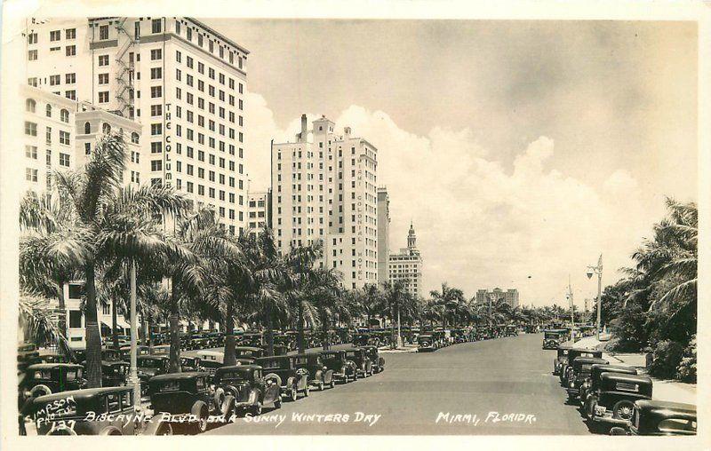 Autos Biscayne Blvd 1930s Sunny Winters Day Miami Florida RPPC real photo 6548 