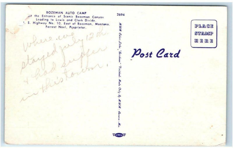 BOZEMAN, MT Montana ~ Roadside BOZEMAN AUTO CAMP c1940s Linen  Postcard