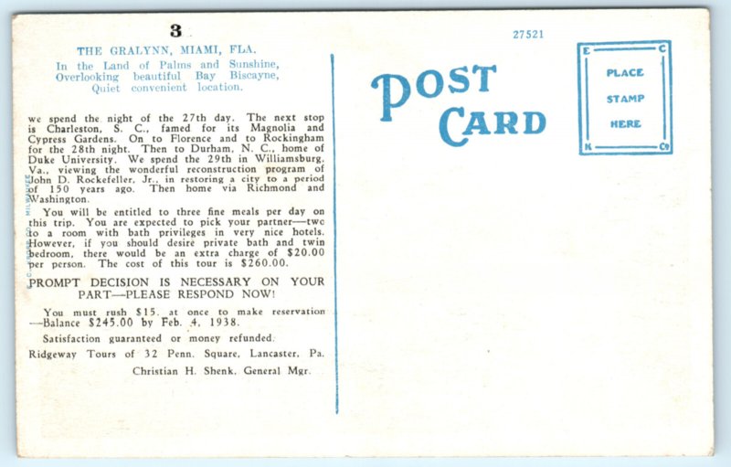 Miami FL Florida Gralynn Hotel Advertising Postcard
