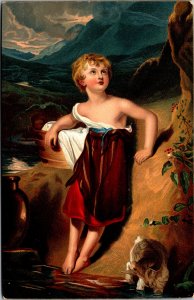 Postcard A Child with a Kid Goat Painting Lawrence Stengel