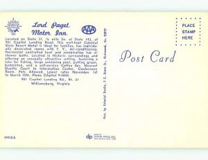 Unused Pre-1980 LORD PAGET MOTOR INN MOTEL Williamsburg Virginia VA s4479