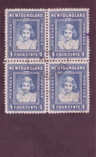 Newfoundland, Block of Four, Used, Princess Elizabeth, 4 Cent  Scott #256,