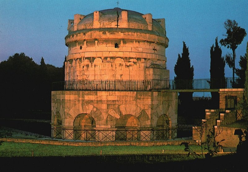 Postcard Theodoric's Mausoleum VI Century by Night Monument in Ravenna, Italy
