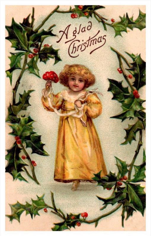 Christmas,  victorian  girl holding red Mushroom
