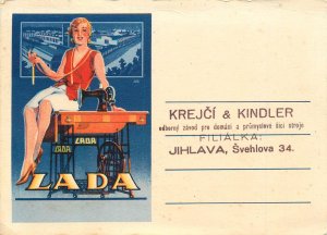1920s Advertising Postcard Pretty Lady on Sewing Machine Table, Jihlava, Czech