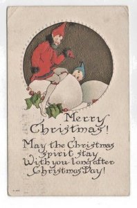 Gnomes Elves Merry Christmas Vintage Poem Postcard