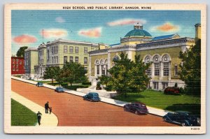 Linen~Panorama High School & Public Library Bangor Maine~Vintage Postcard