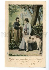 497525 Switzerland GARDEN Gentleman & Lady BORZOI Dog 1901 year Vintage postcard