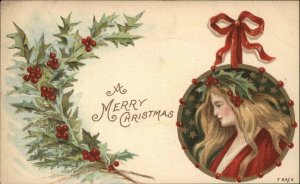 Pretty Young Woman Christmas Tree Ornament Border Rotograph F54/4 c1910 PC