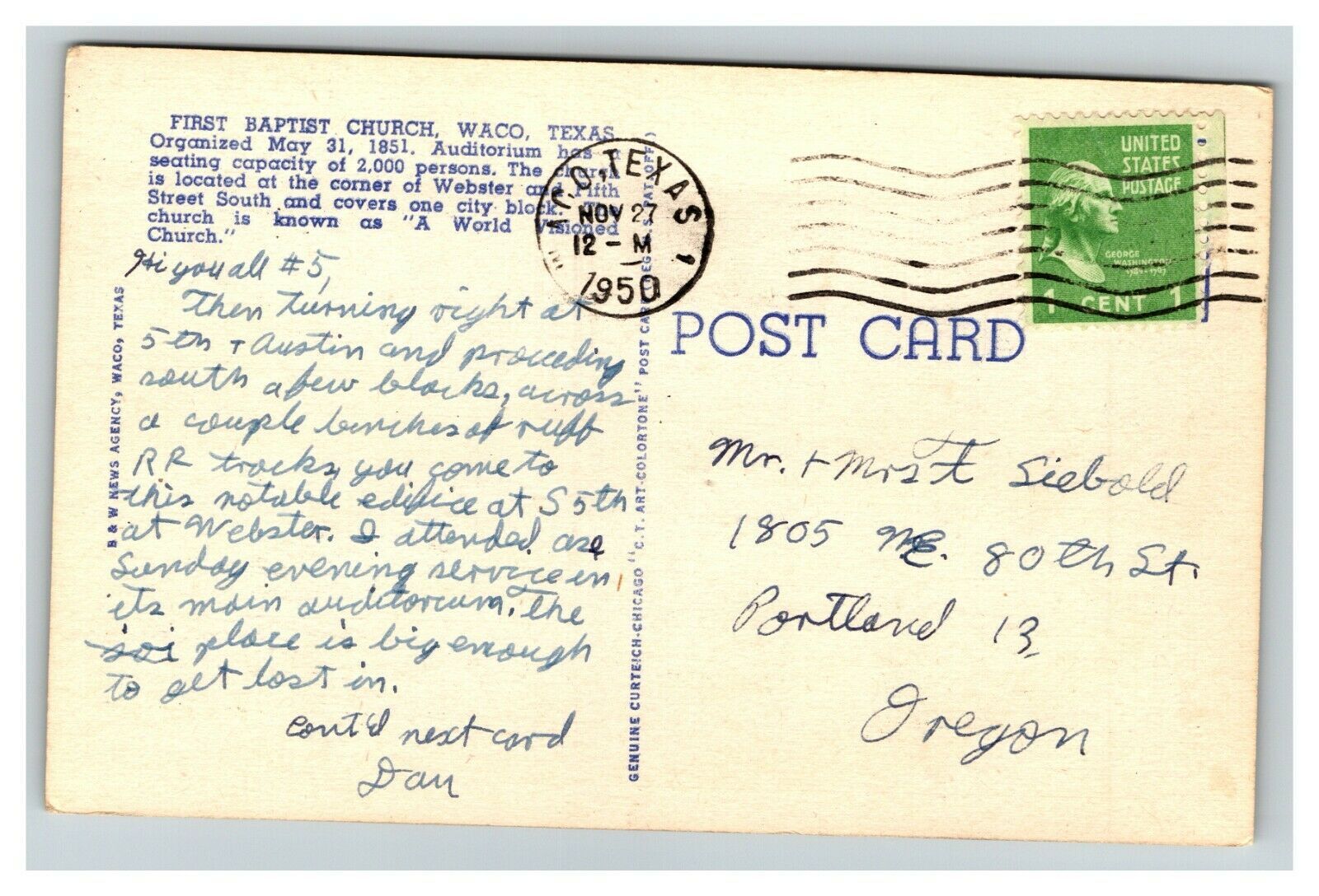 Vintage 1950 Postcard First Baptist Church Building Waco Texas | United ...