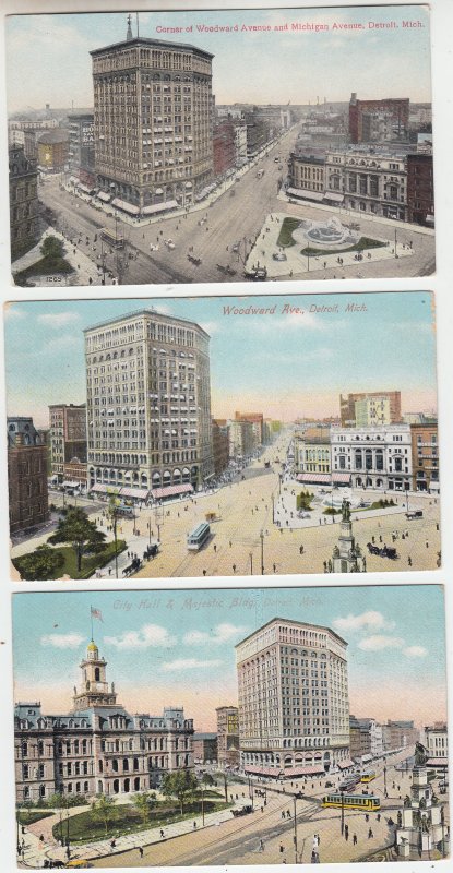 P2070  3 dif old postcard woodward ave detroit mich 2 dated 1909 stamps