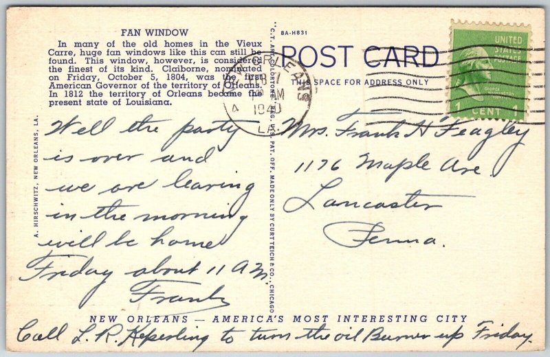 New Orleans Louisiana 1940s Postcard Fan Window In Governor Claiborne Home