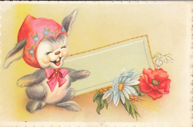 Cute bunny rabbit caricature seasonal Easter greetings postcard