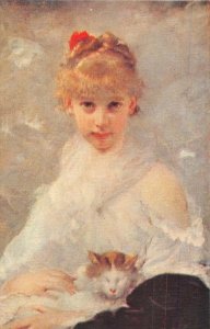 YOUNG GIRL WITH CAT LUXEMBOURG MUSEUM PAINTING POSTCARD (c. 1910)