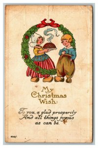 Vintage 1915 Christmas Postcard Cute Dutch Children Roasted Turkey Wreath