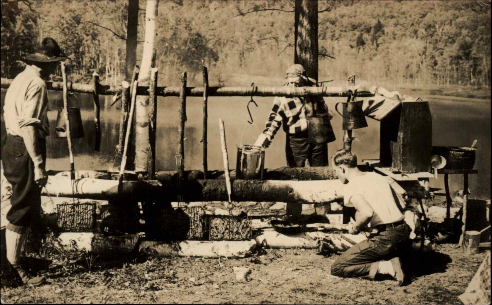 Camping Men Logs Building Fire? Centre Lovell ME Maine Real Photo