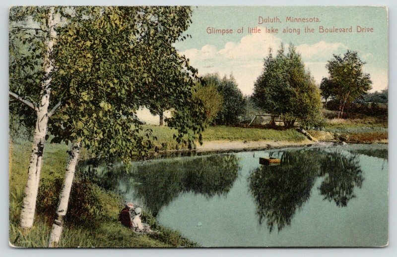 Duluth MinnesotaKids on Bank of Little Lake on Boulevard Drive1911 Postcard