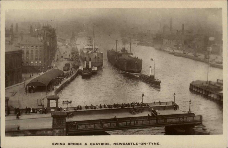 Newcastle-on-Tyne Northumberland Swing Bridge Tugboat Ships RPPC PC