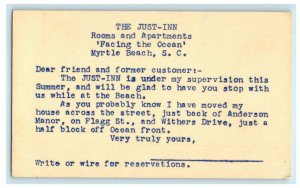 c1940's The Just Inn Rooms And Apartments Myrtle Beach SC Advertising Postcard 