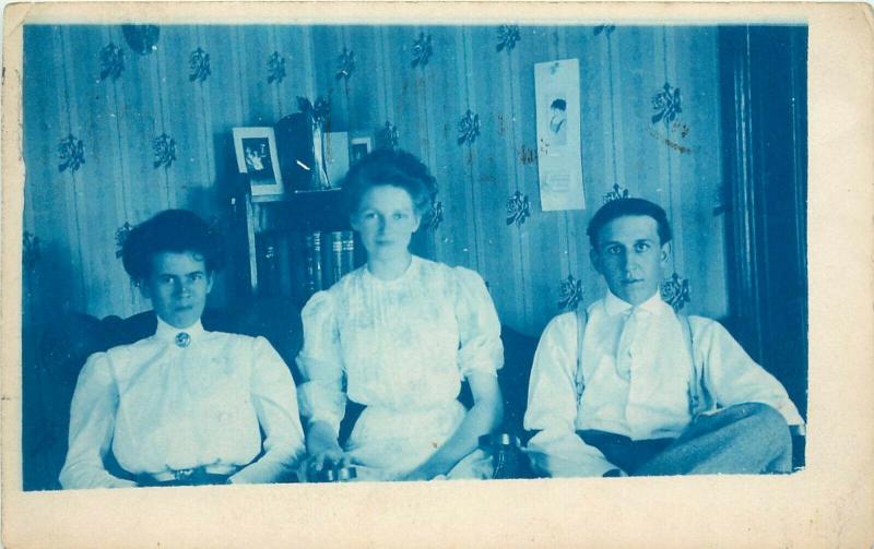 1907 Cyanotype RPPC Postcard 3 Young People in Victorian Interior Oregon City OR