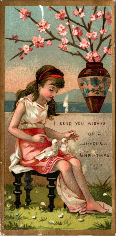  A JOYOUS CHRISTMAS - BOOKMARK - CARD - GIRL FLOWERS BIRDS 