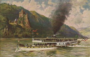 Burg Rheinstein, Rhein, Germany 1920's Rhine Steam Boat, Castle, Artist