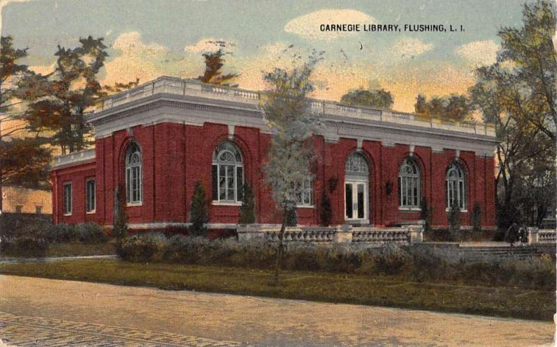 Flushing New York Carnegie Library Street View Antique Postcard K90810