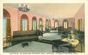 California San Diego Sun Parlor Barcelona Hotel C-1920s Postcard 22-10665