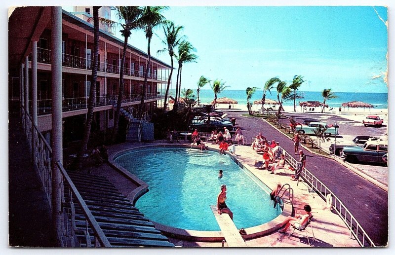 Vintage Postcard Azure Tides Hotel Court Swimming Pool Lido Beach Sarasota Fla. 