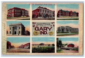 1912 Greetings From Gary Multiview Landmarks Exterior Indiana IN Posted Postcard
