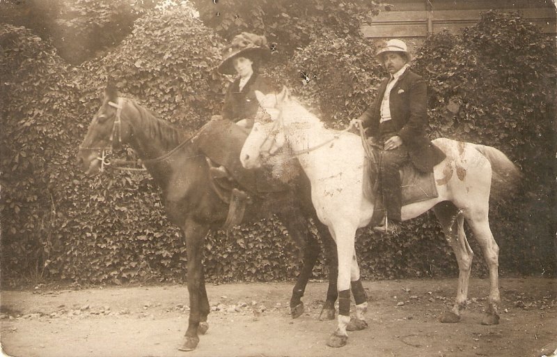 Elegant couple  in their horses Old vintage antique French postcard