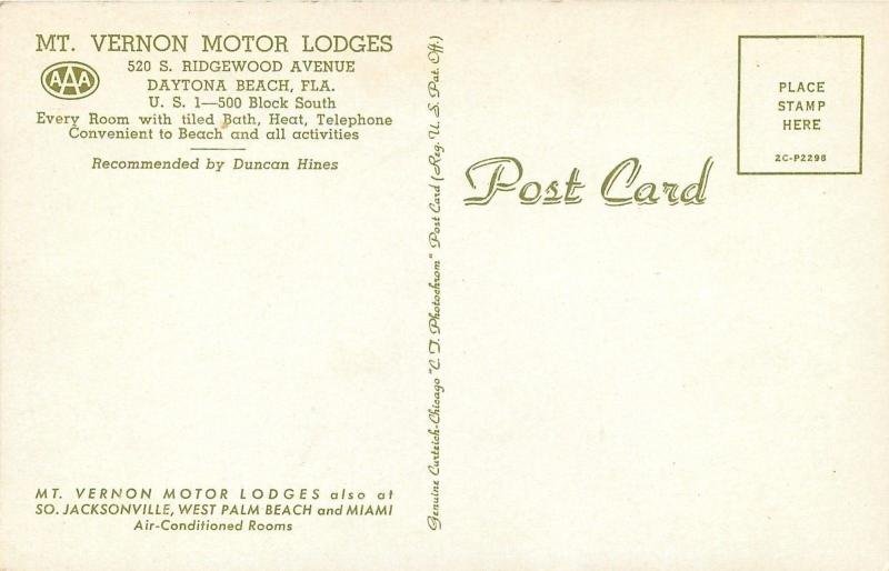 Daytona Beach FloridaBig PillarsMt. Vernon Motor Lodges1960s Postcard