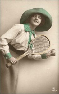 Beautiful Woman with Tennis Racket Carlton Pub Tinted RPPC 3988/5 PC