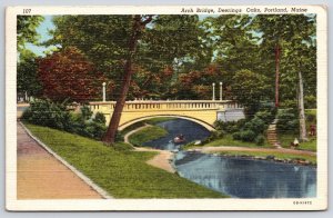 1943 Arch Bridge Deerings Oaks Portland Maine ME Bridge Lake Landscape Postcard