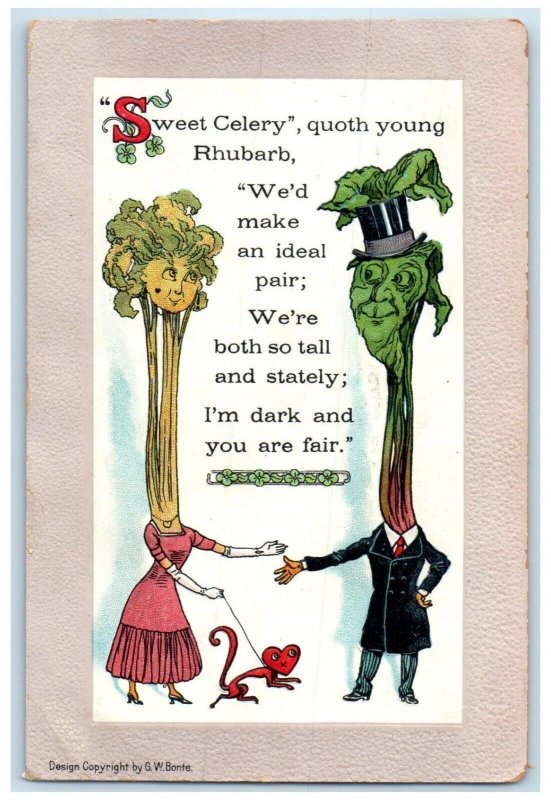 1915 Sweet Celery Quoth Young Rhubarb Embossed Independence MO Antique Postcard