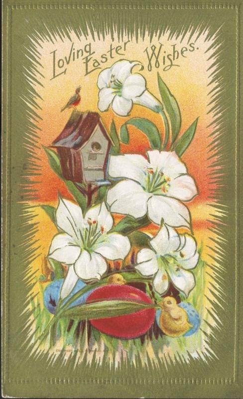 Loving Easter Wishes Greetings Bird BirdhouseChicks Flowers Vintage Postcard