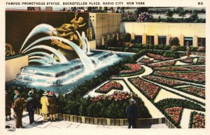 Vintage Postcard Prometheus Rockefeller Plaza Fountain Statue Garden New York