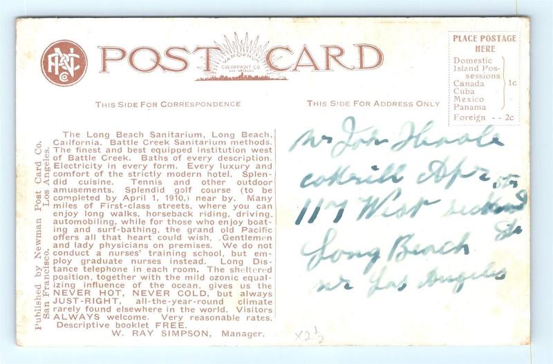 Postcard CA Long Beach c1909 View Long Beach Sanitarium Advertising R64