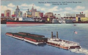 Louisiana New Orleans Skyline With Federal Barge Line Entering Her Berth 1947...