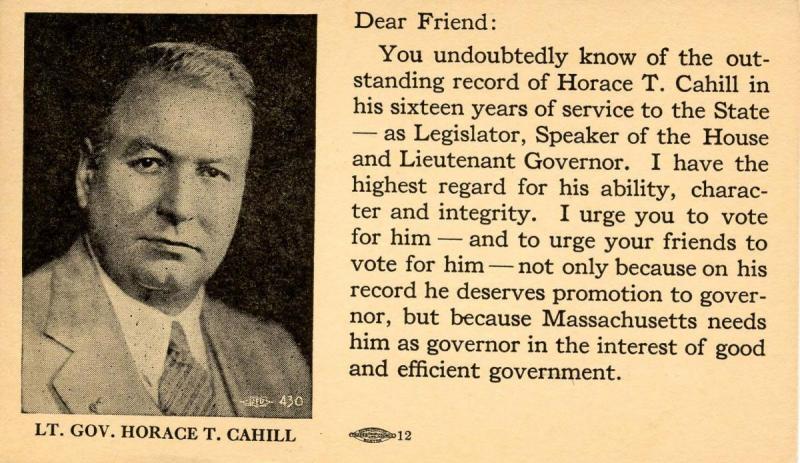 MA - US Postal Card (Jefferson 1-cent) Political Ad for Lt. Gov. Horace Cahill