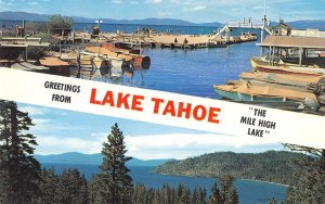 LAKE TAHOE Mile High Lake Banner Greetings Boat Dock c1950s Vintage Postcard