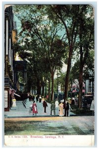 1907 Broadway Crowd Street Classic Cars Lined Trees Saratoga New York Postcard