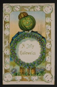 1911 Gottschalk Halloween Postcard Blue Jack-O'-Lantern Scarecrow, Chicago, IL