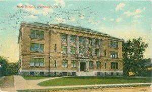 Watertown New York High School Litho Postcard Postmarked 1909 Flag Cancel