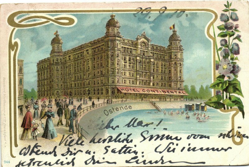 PC BELGIUM, OSTENDE, HOTEL CONTINENTAL, Vintage LITHO Postcard (b30071)