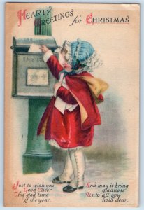 1919 Christmas Greetings Child Girl Dropping Letter Mailbox Wolf Signed Postcard