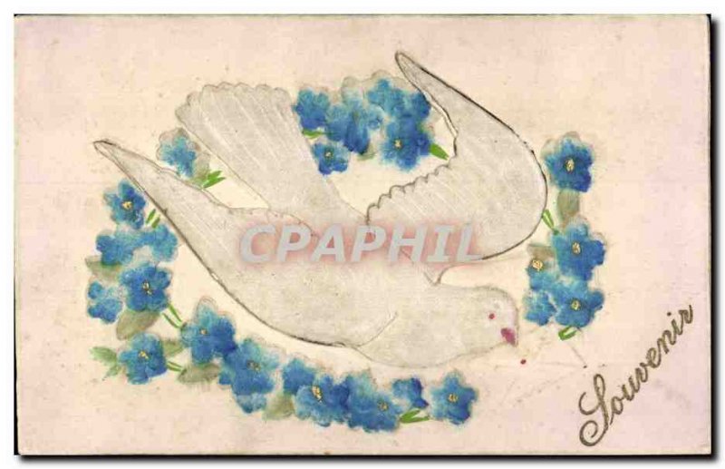 Old Postcard Fantasy Flowers Dove (dcor embossed cloth)