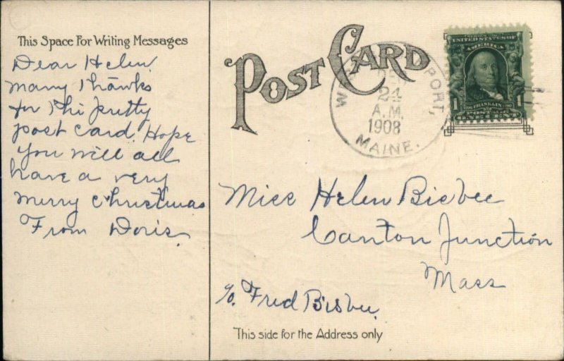 Christmas - Santa Claus Toys Sack & Tree Silver Background c1910 Postcard